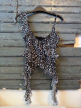 Zara Black and White Polka Dot Ruffle Asymmetric Camisole